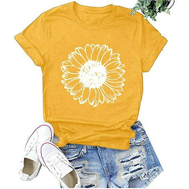 Girls Casual Loose Short Sleeve Sunflower Fashion Round Neck Tops Tee Shirts 